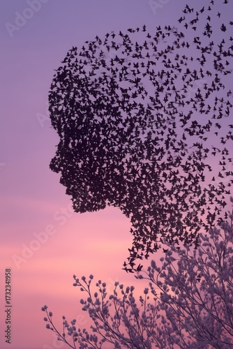 Birds take flight in the shape of a woman's silhouette during a colorful sunset sky