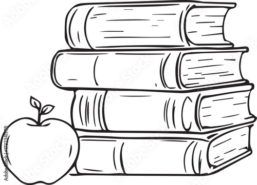 Stacks of Knowledge: An illustration of a stack of books, alongside a simple drawing of an apple, the composition subtly evokes the joy of learning. 