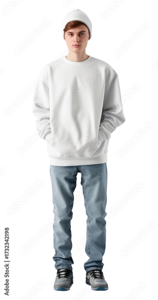 Fototapeta premium PNG Teenager long sleeve streetwear mockup sweatshirt footwear architecture.