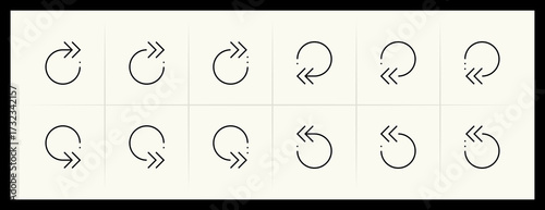 Outline circular and curved arrow icon set. Direction, navigation, downward, reload, clockwise, turn down, turn left, upward and more.