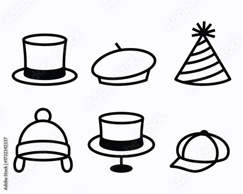 A Collection of Different Hats and Caps in Black and White Line Art Featuring a Party Hat, Beret, Top Hat, and More