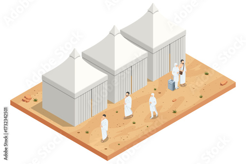 Isometric illustration of Muslim pilgrims in white Ihram tents during Hajj in Mina desert.