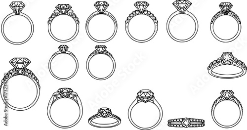 diamond studded engagement rings vector set, wedding ring symbolizing love and commitment. Variety of designs, from classic solitaires to intricate patterns
