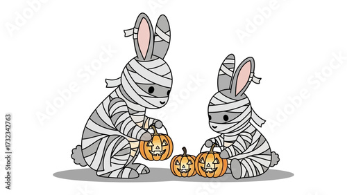 Halloween Bunny with Pumpkin: Adorable illustrated bunny mummies prepare carved pumpkins for Halloween, a whimsical celebration of spooky fun and festive creativity.
