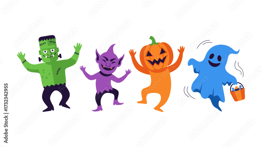 Obraz premium Whimsical Halloween Characters Dancing: Playful and colorful cartoon Halloween characters, including a friendly monster, a mischievous imp, a smiling pumpkin, and a jovial ghost.