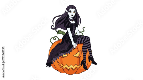 Witch on the Pumpkin: A stylized witch sits on a jack-o'-lantern, her presence embodying the essence of Halloween night. Her enchanting gaze captivates viewers