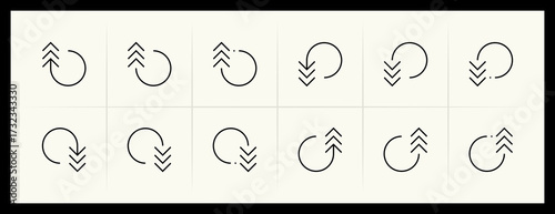 Outline circular and curved arrow icon set. Direction, navigation, downward, reload, clockwise, turn down, turn left, upward and more.