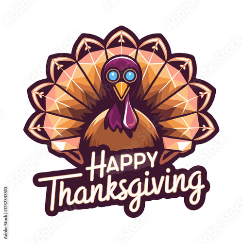 Cartoon turkey with goggles and happy thanksgiving text isolated on white background