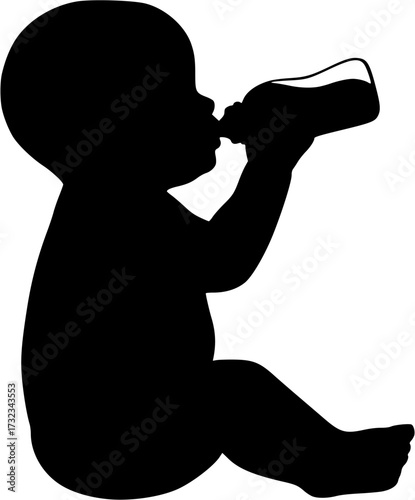 Illustration of a baby drinking from a bottle vector silhouette isolated on white background 