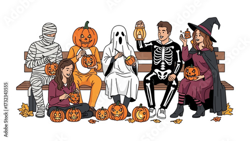 Halloween Carving: A spirited ensemble prepares for All Hallows' Eve, engaged in the timeless tradition of carving pumpkins, embodying the spooky spirit of the holiday.