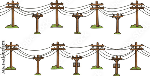 Power line. Poles and wires for supplying energy. Picture horizontally seamless. Object isolated on white background. Cartoon fun style Illustration vector 