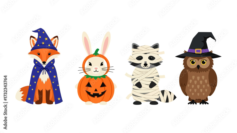 Obraz premium Enchanting Halloween Creatures: A whimsical collection of festive creatures, dressed in imaginative costumes, ready to cast a spell of Halloween enchantment, creating a sense of joyful celebration.