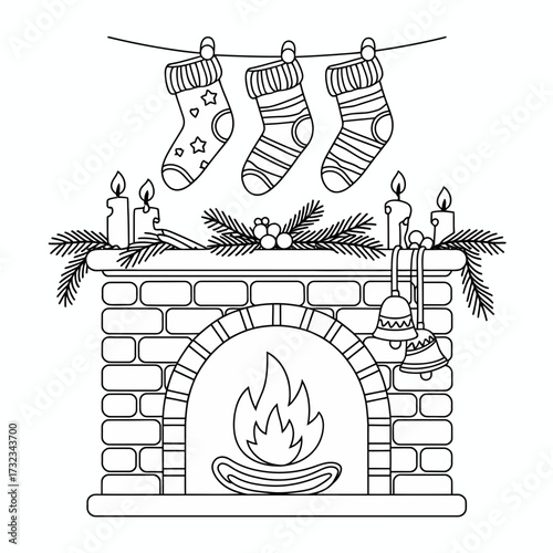 Black and white vector illustration of a festive christmas fireplace with stockings candles and garland silhouette white background