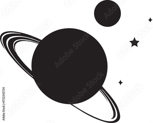 Celestial Silhouette: An elegant silhouette of a planet, complete with iconic rings, is set against the backdrop of stars and celestial objects.