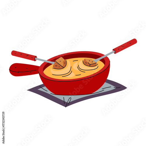 Cheese fondue hotpot. Vector Swiss traditional food. Dish for dining or broth for culinary, hot and boiling soup cuisine. Festive pot, restaurant menu icon. Cooking recipe symbol. Meal with chopsticks
