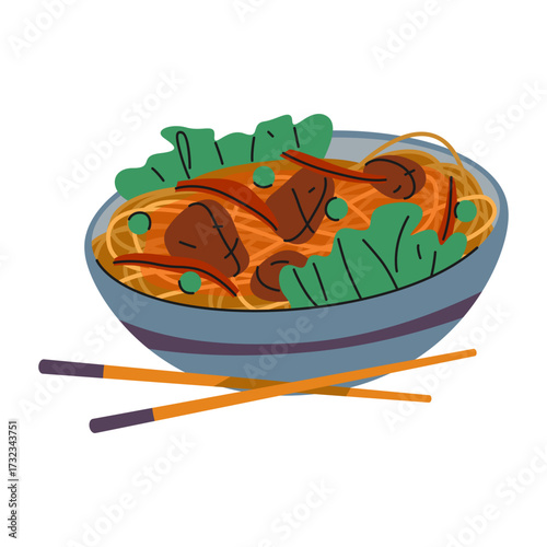 Chinese chow mein noodles or Asian stir fried food. Vector China dish with vegetable or Asia meal with sauce. Street spicy cuisine with chopsticks. Culinary and cooking icon. Recipe and menu sign.