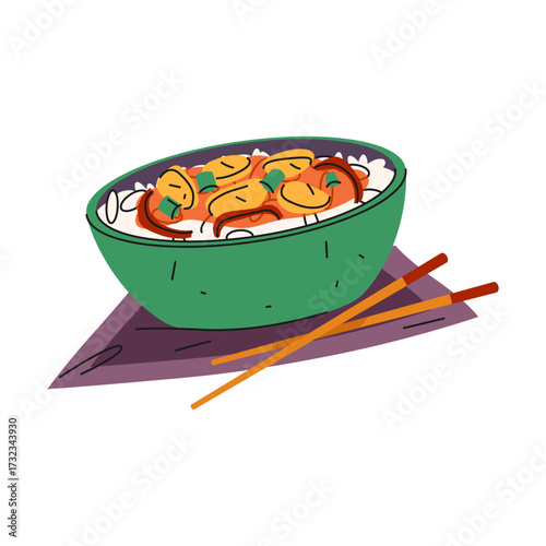 Chinese fried rice or Asian food. Vector stir-fry dish with vegetables and egg. Traditional China cuisine with sticks icon. Sign for restaurant menu or recipe. Meal for celebration. Spicy nutrient.