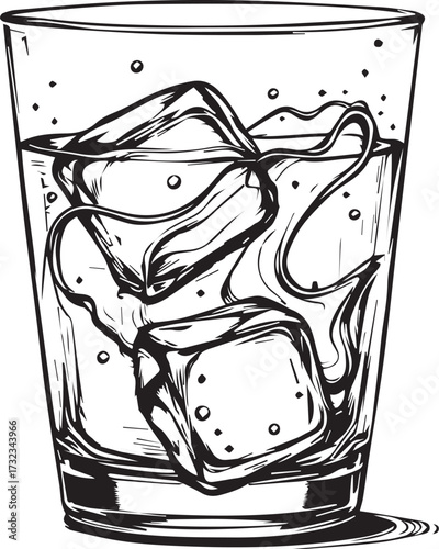 Refreshing Iced Drink: A cool beverage in a clear glass filled with ice cubes, inviting refreshment. An artistic drawing, perfect for summer themes
