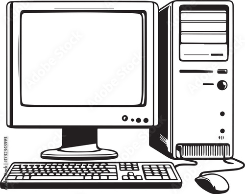 Digital Workspace: An illustration of a classic desktop computer setup, including a monitor, central processing unit, keyboard, and mouse, conveying themes of technology, information.