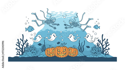 Underwater Halloween: An enchanting illustration of Halloween festivities beneath the waves, featuring grinning pumpkins, spectral ghosts, skeleton divers exploring a submerged mountain. 