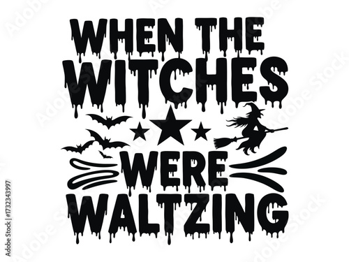 Halloween Waltz: A vintage-inspired artwork that captures the whimsical charm of Halloween. It showcases a witch gracefully gliding on her broom with bats, stars, and ornate lettering.
