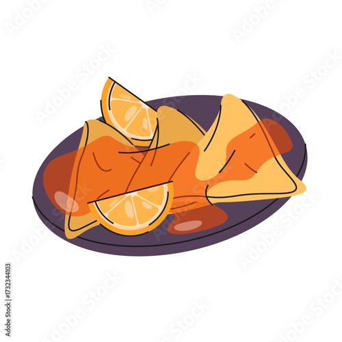 Vector crepes suzette food or French dessert. Thin pancakes with orange sauce and liqueur, syrup. Patisserie icon or confectionary symbol. Dish for restaurant or cafe. Cuisine and culinary, cooking.