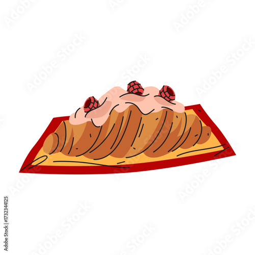 French dessert food or croissant bakery. Vector flaky confectionary for candy shop or cafe, bistro. Spiral culinary or dough nutrient. France traditional breakfast meal or European confection. Snack.