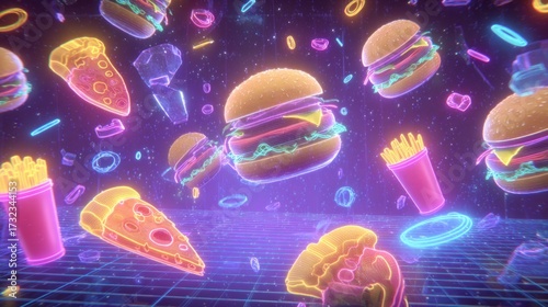 Futuristic junk food background, glowing holographic burgers, neon pizza slices, floating fries and soda cups, digital grid backdrop, cyberpunk neon blue and pink lighting, high-tech.