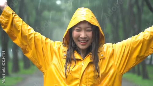 portrait of a young woman in enjoying the rain