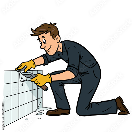 Man grouting kitchen tiles with a trowel while wearing gloves  