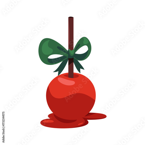 Dessert cherry fruit with stick and ribbon. Vector sweet berry food for garnish or topping for bakery and pastry. Festive celebration nutrition. Restaurant or cafe menu element. Confectionery culinary