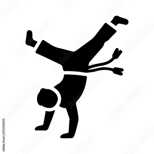 Flat Vector Black Capoeira Acrobat Performing Handstand Kick Icon