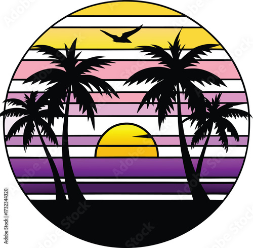 Retro sunset palm trees tropical island ocean horizon beach scene