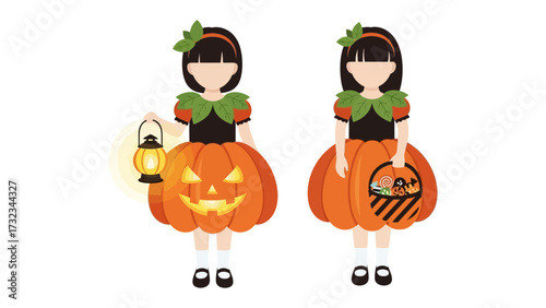 Spooky Pumpkin Duo: Two stylized figures, adorned in pumpkin-themed attire, embody the spirit of Halloween, clutching a lantern and a treat bag, offering a cute, playful representation. 