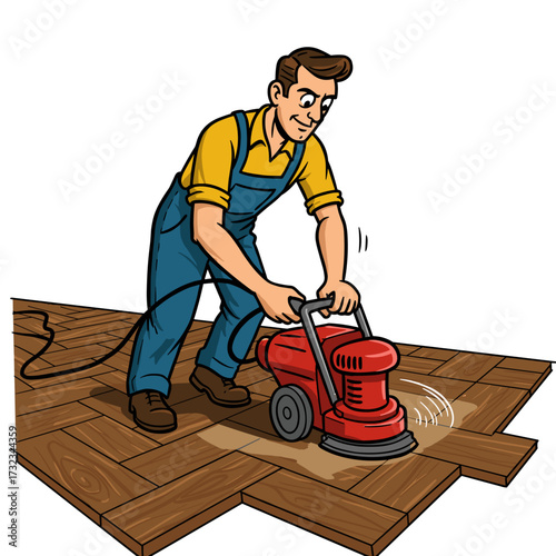 Man sanding wooden floor with sanding machine in workshop setting  