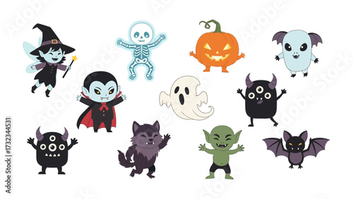 Halloween Mischief: A whimsical assortment of charming cartoon Halloween characters are gathered together for the holiday season, with vivid colors and playful details to captivate your senses.