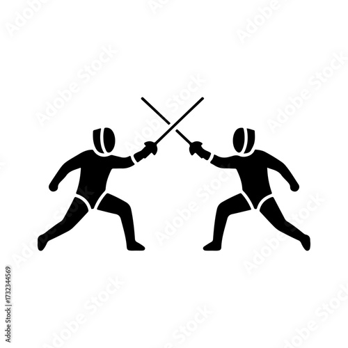 Minimalist Black Silhouette Vector Fencing Duel Icon on White Background