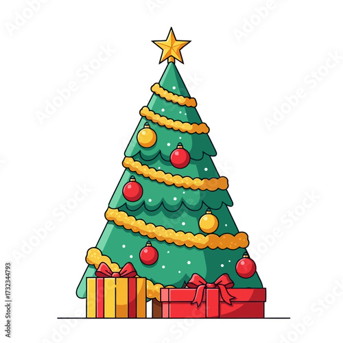 Vector illustration of christmas sublimation vector art of festively decorated christmas tree with gifts and ornaments