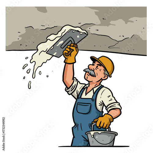 Worker applying plaster to ceiling with trowel during repair  