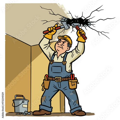 Male worker repairing a cracked ceiling with tools indoors  