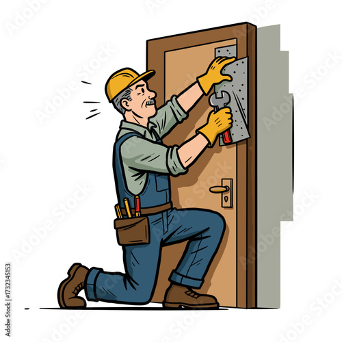 Worker fixing soundproofing on a door while kneeling indoors  