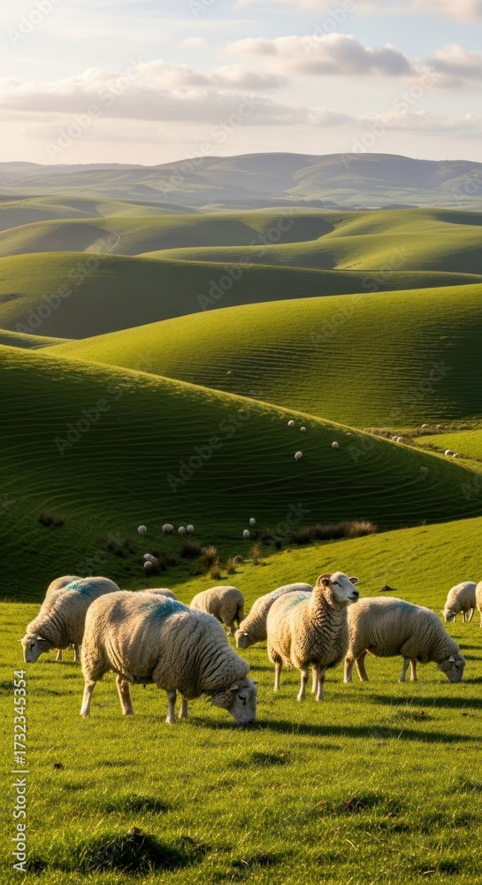 Obraz premium Flock of Sheep Grazing on Rolling Green Hills at Sunrise.