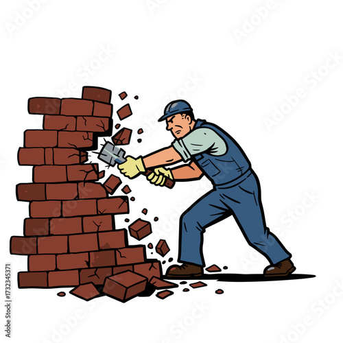 Construction worker demolishing brick wall with a hammer and chisel  