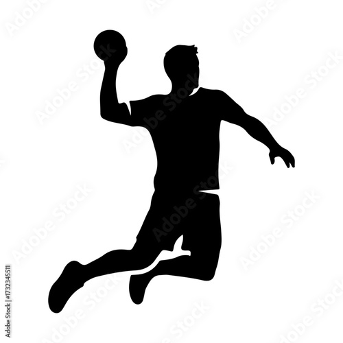 Black Silhouette Vector of Male Handball Player Throwing Ball Mid-Air