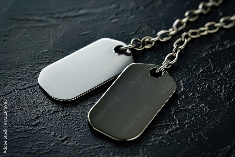 Fototapeta premium Two blank, polished metal dog tags hang from a silver chain on a dark textured surface. Close-up view