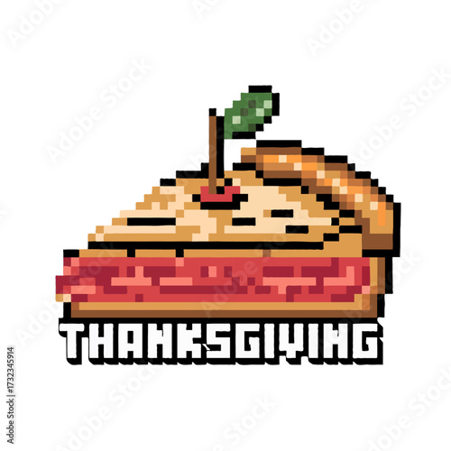 Pixel art slice of apple pie with thanksgiving text isolated on white background