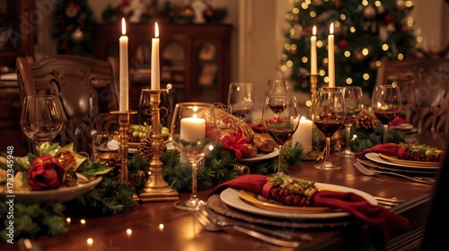 Festive dining table set for Christmas dinner with roasted turkey, candles, wine glasses, holiday centerpiece, and cozy warm lighting in a photorealistic style.
