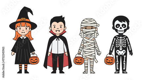 Halloween Characters Parade: A delightful array of young figures, each attired in distinctive and charming costumes, hold miniature pumpkin baskets, capturing the enchantment of Halloween.
