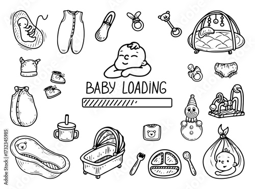 Baby loading set. Hand drawn doodle vector. Pregnancy, expecting childbirth. Items needed for newborn clothes, toys, crib, pacifier, bathtub, rattle, play mat. Line art illustration.