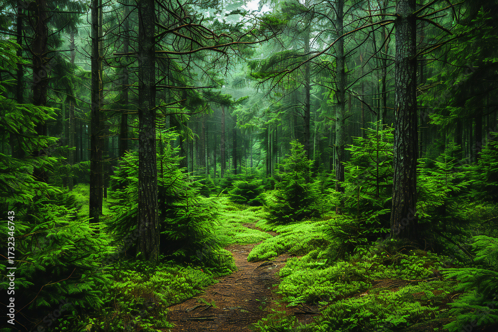 Obraz premium Serene Forest Landscape Featuring Healthy Green Trees Amidst Vertebrate Canopy with Diverse Spruce, Fir, and Pine Species, Perfect for Environmental and Nature Illustrations